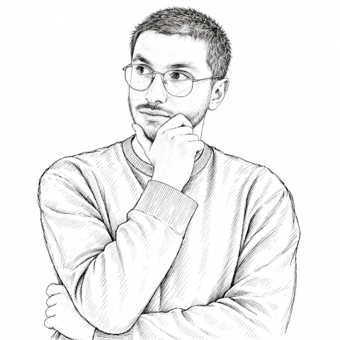 Ilyas Turki drawn in ink, glasses on, hand on his chin