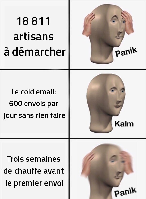 Meme Panik Kalm Panik: « 18 811 artisans à démarcher », panik; « le cold email: 600 envois par jour sans rien faire », kalm; « trois semaines de chauffe avant le premier envoi », panik