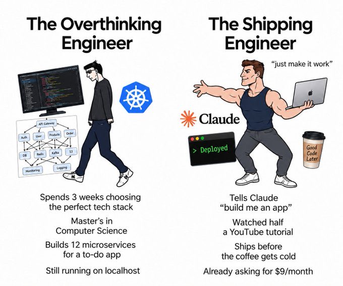 Meme Overthinking Engineer contre Shipping Engineer: à gauche, le dev qui passe trois semaines à choisir sa stack et fait tourner 12 microservices en localhost; à droite, celui qui dit à Claude « build me an app » et demande déjà 9 dollars par mois