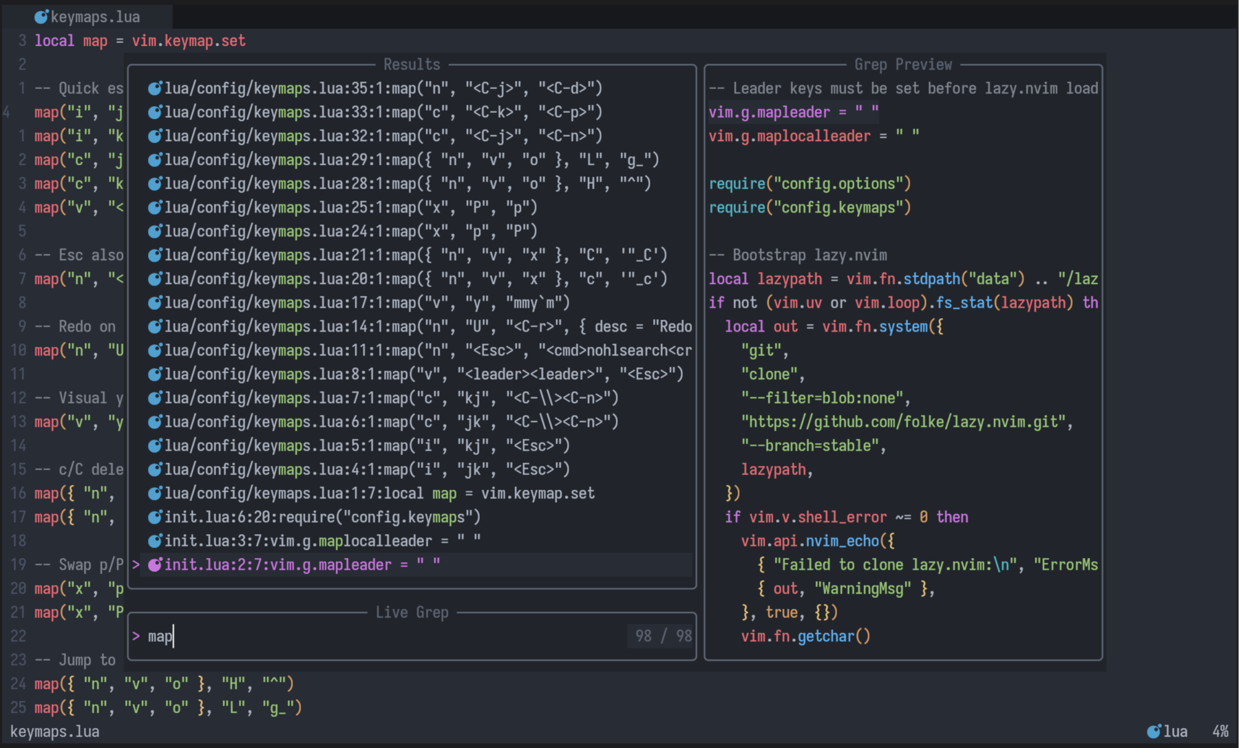 Telescope ouvert en live grep par-dessus ma config Neovim, la liste des résultats au centre et l'aperçu du fichier à droite
