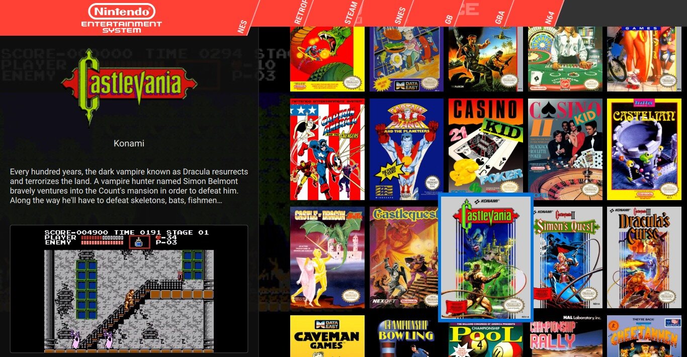 Pegasus avec un thème en grille: la jaquette de Castlevania en grand à gauche avec son résumé et une capture du jeu, et une grille de jaquettes NES à droite, sous des onglets par console