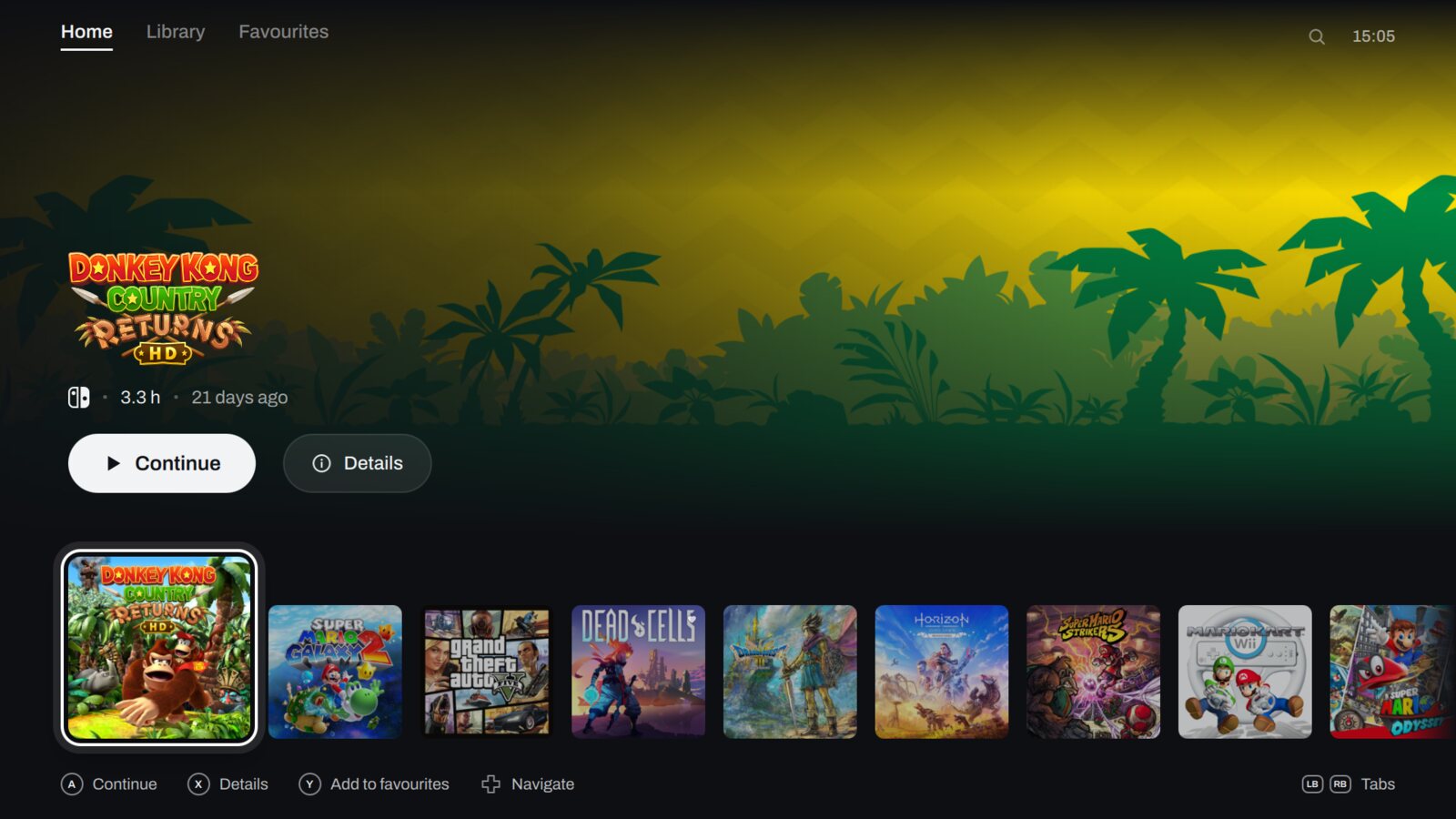 Reprise, mon thème Pegasus: Donkey Kong Country Returns en grand sur l’accueil, les boutons Continue et Details, et une rangée de jaquettes en bas avec les boutons de la manette rappelés en pied de page