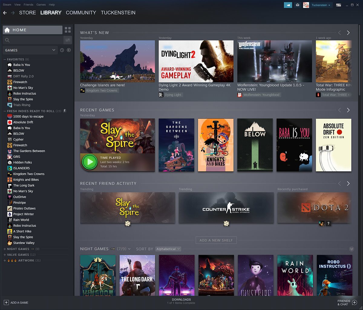 La bibliothèque du client Steam: une colonne de jeux en liste à gauche, des étagères de jaquettes à droite, et les onglets Store, Library et Community en haut