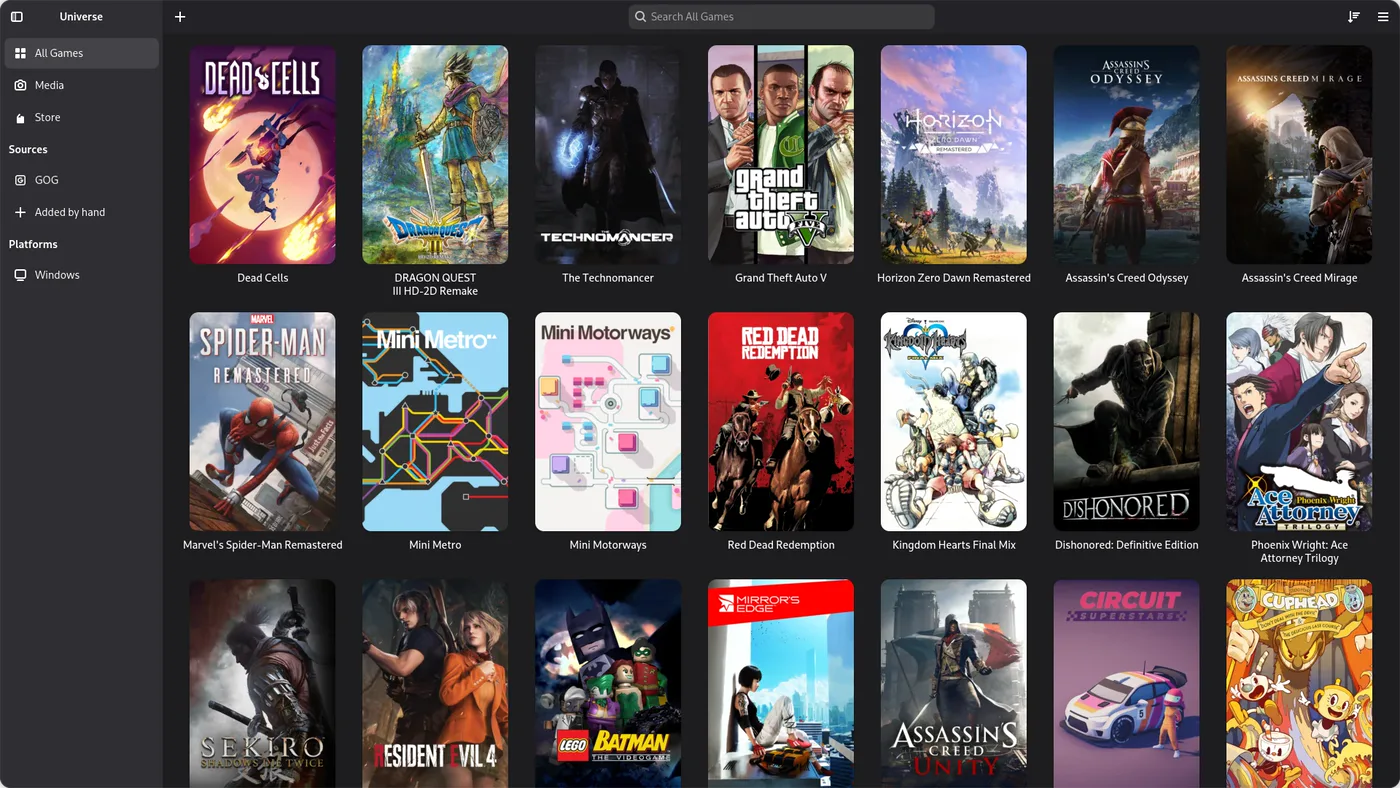 Universe Desktop, the GTK app: the library grid with its sidebar