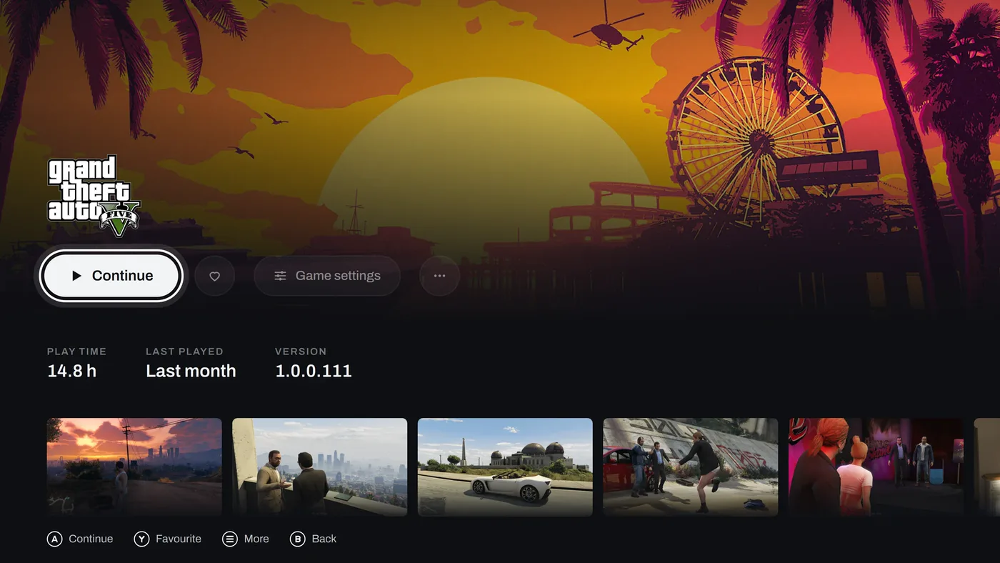 Grand Theft Auto V's game page: 14.8 hours played, when it was last played, the installed version and a strip of screenshots