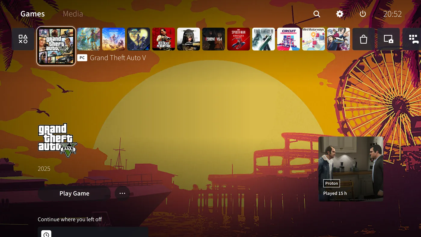 The PS5 look: a row of tiles at the top, Grand Theft Auto V's art behind, the Play Game button and a card showing 15 hours played
