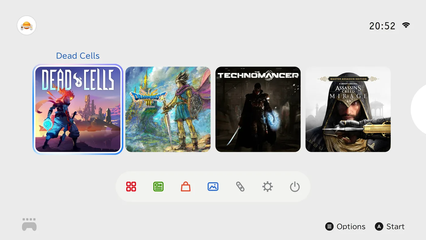 The Switch 2 look: a light home with large game tiles, Dead Cells focused, over a bar of round coloured buttons