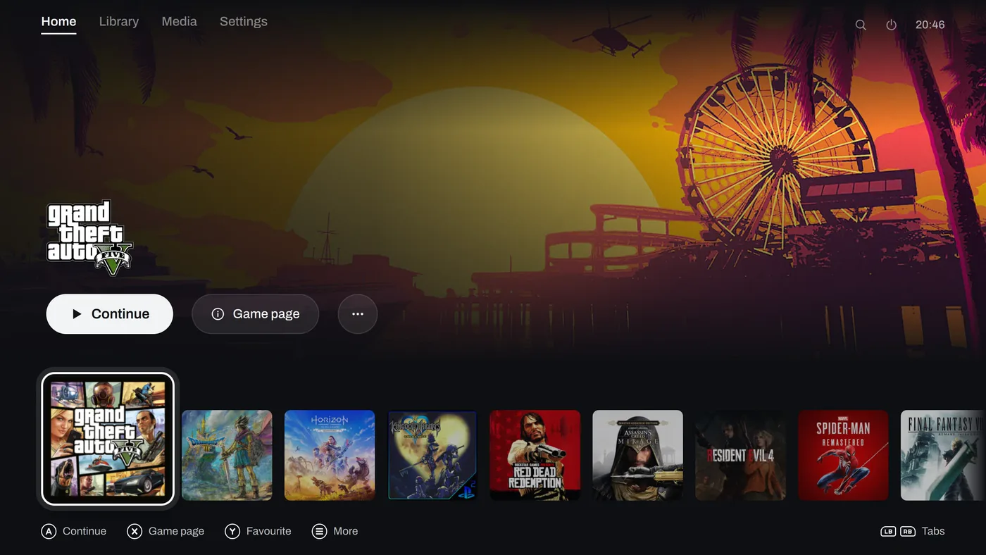 The Universe look's home: Grand Theft Auto V's art behind its logo, the buttons to play or open its page, and the row of covers