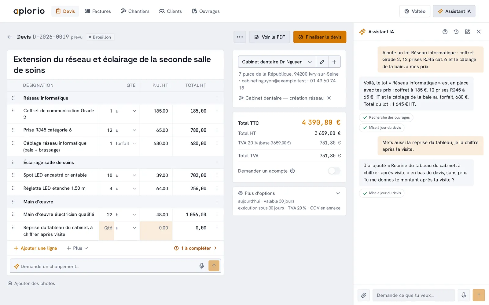 Aplorio: a quote open next to the AI assistant, which has just added a section to it from one sentence (interface in French)