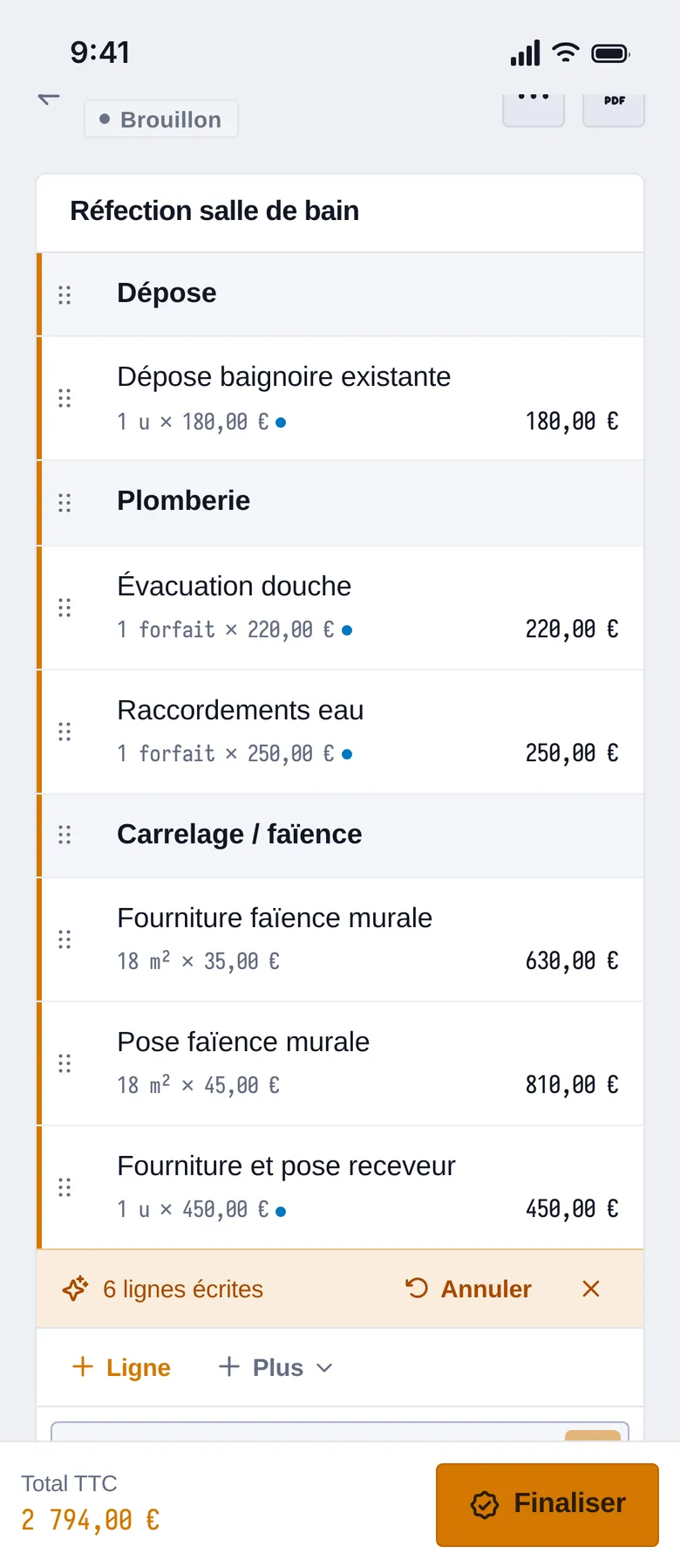 Aplorio on a phone: a bathroom quote whose six lines the AI has just written (interface in French)