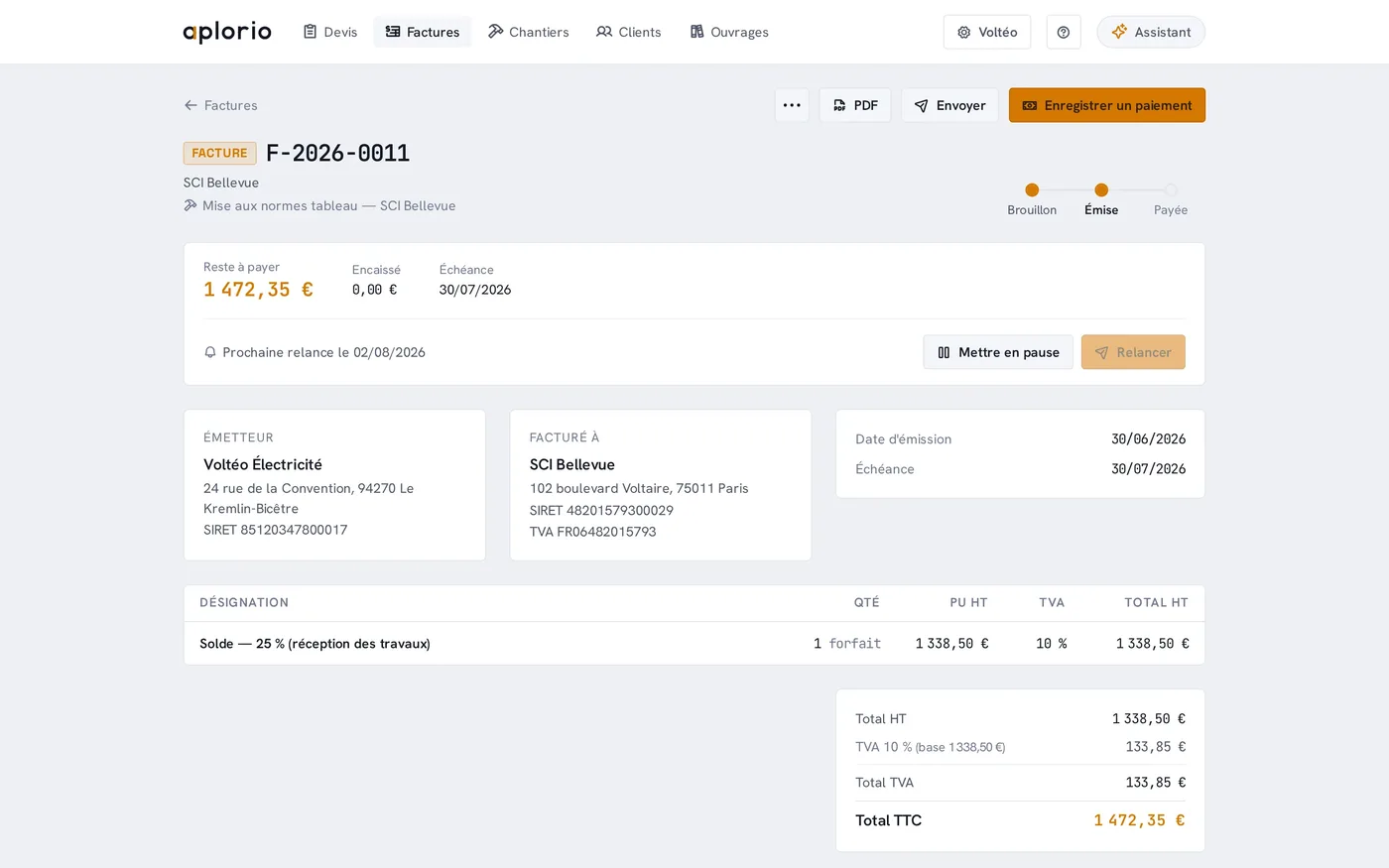 Aplorio: an invoice in detail (interface in French)