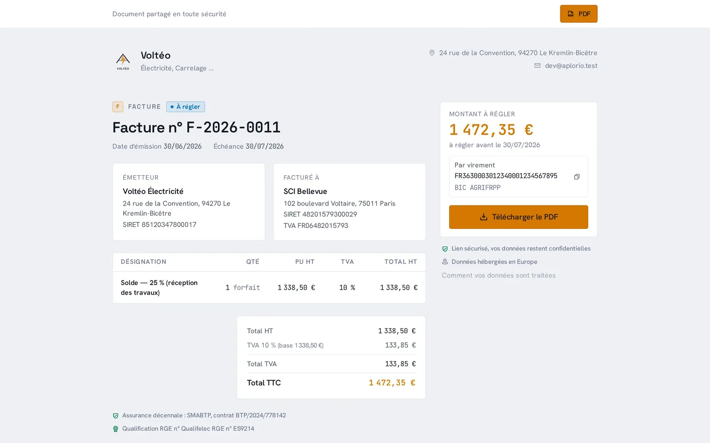 Aplorio: the share page for an invoice (interface in French)