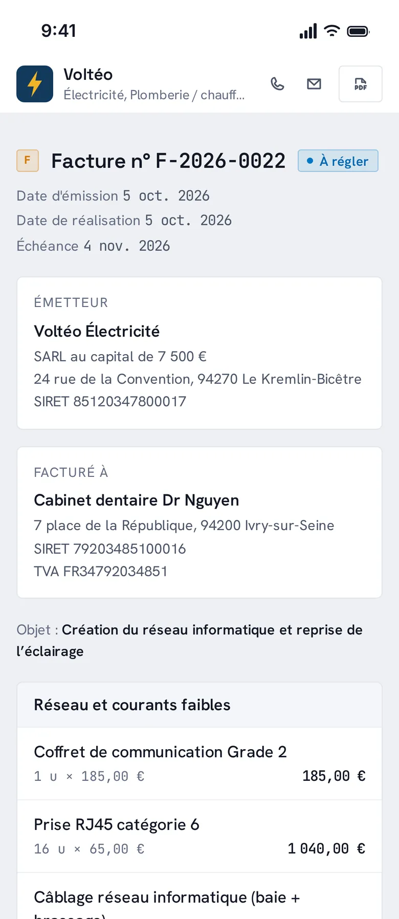 An Aplorio invoice as the client receives it, on a phone (interface in French)