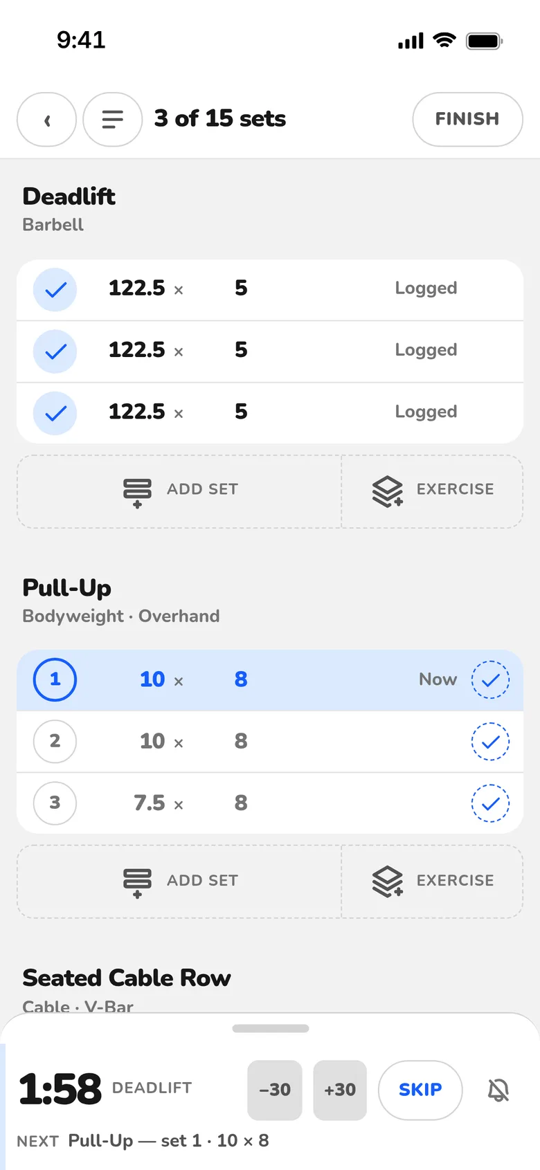 Kilorep: a workout in progress on a phone, with the rest timer