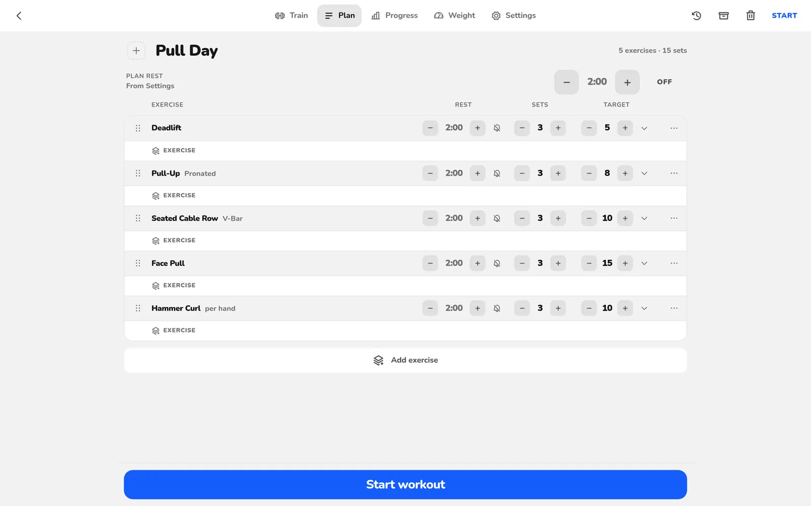 Kilorep: the Pull Day plan, five exercises with their rest, sets and targets